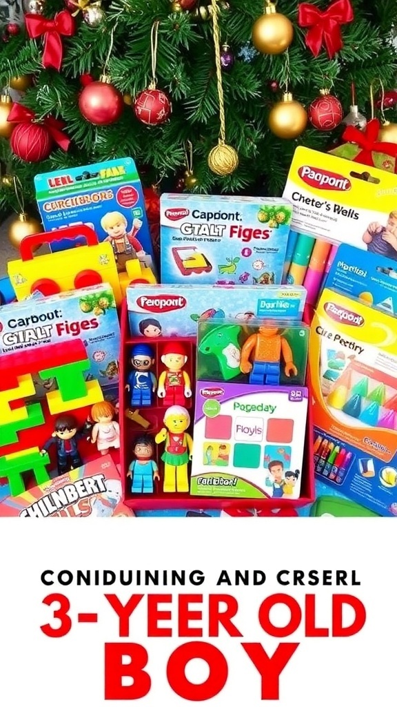A selection of Christmas gifts for a 3-year-old boy, featuring toys and art supplies on a festive background.